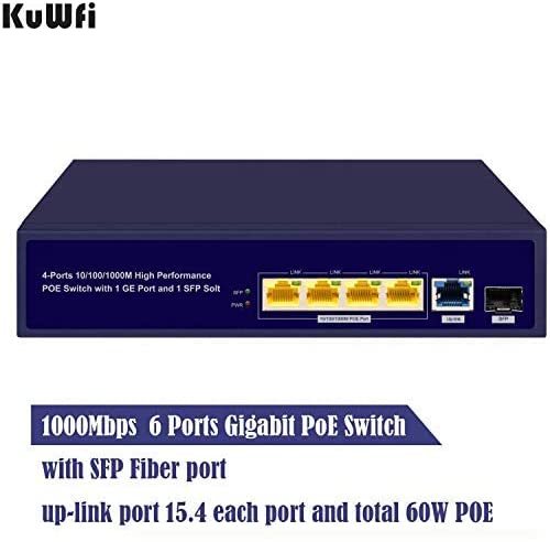 KuWFi Gigabit Ethernet POE Switch 6 ports Gigabit PoE switch with Gigabit SFP fiber injector, Gigabit up-link port and Gigabit PoE ports All 6 ports s