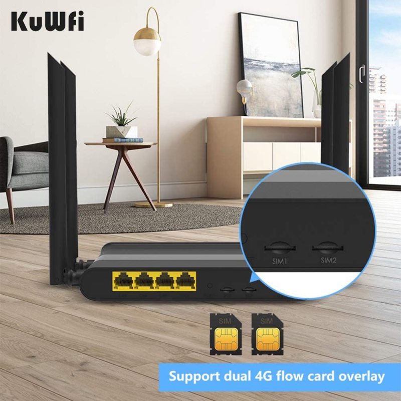 KuWFi Wireless Cable Router, Unlocked 4G Wireless Router with Dual SIM Card High Speed WiFi router with 5dBi High Gain Antenna for Home Office Interne