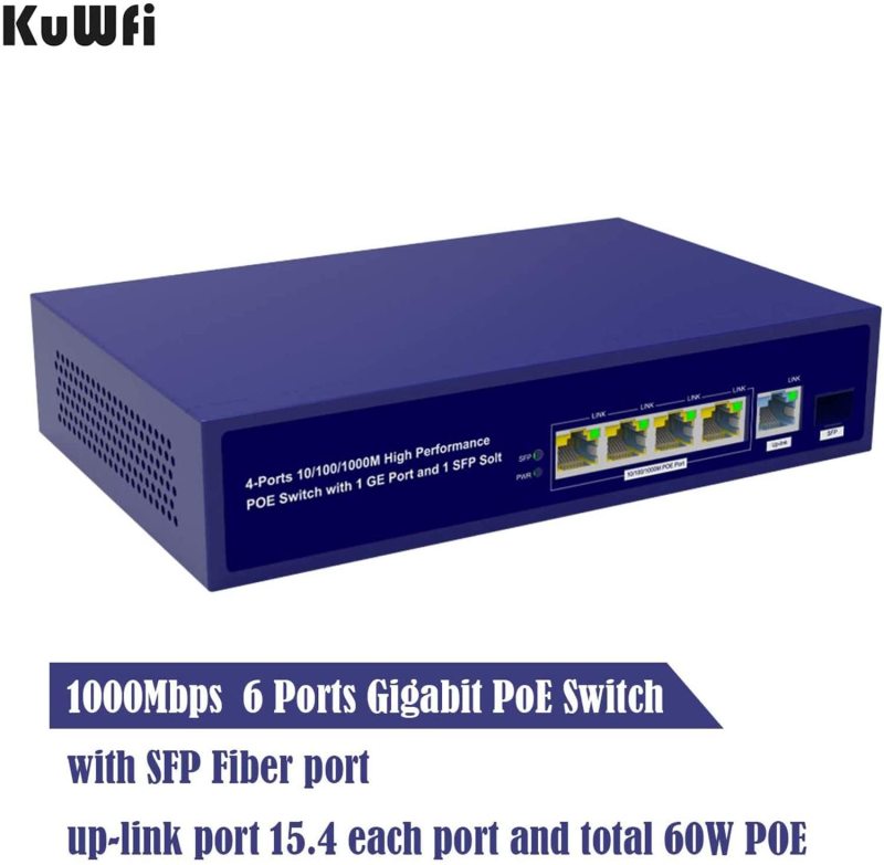 KuWFi Gigabit Ethernet POE Switch 6 ports Gigabit PoE switch with Gigabit SFP fiber injector, Gigabit up-link port and Gigabit PoE ports All 6 ports s