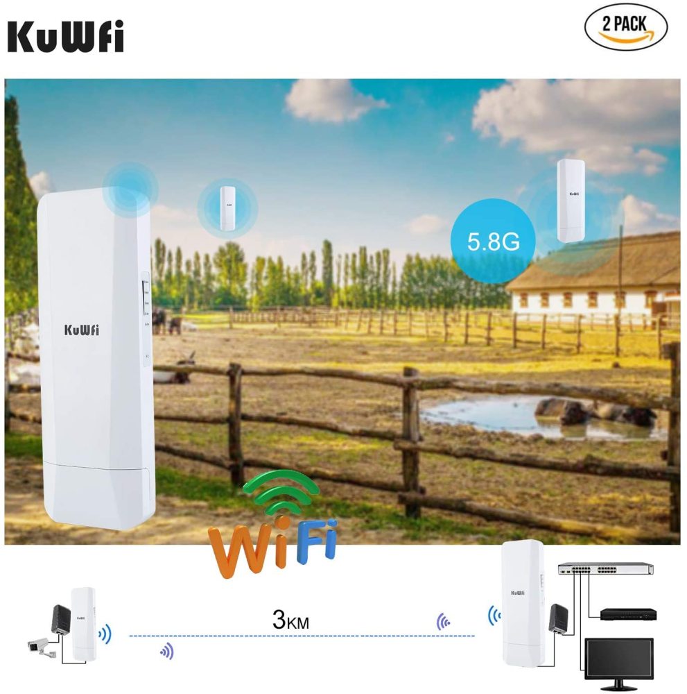 Gigabit Wireless Bridge, KuWFi 900Mbps 5.8G Outdoor WiFi Bridge Point to Point 5KM Transmitter with14dBi High Gain Antenna and Gigabit RJ45 Port IP65 