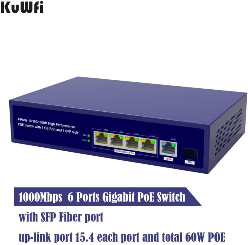 KuWFi Gigabit Ethernet POE Switch 6 ports Gigabit PoE switch with Gigabit SFP fiber injector, Gigabit up-link port and Gigabit PoE ports All 6 ports s