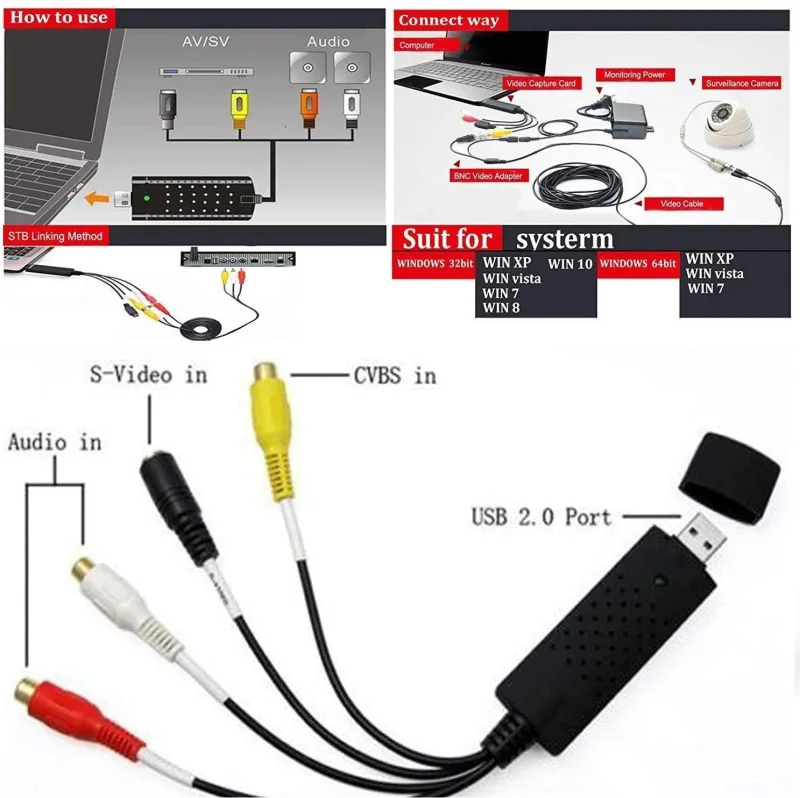 KuWFi ideo Grabber USB Capture Card, USB 2.0 Video Capture Card Transfer TV DVD VHS Audio Capture Card 3 in 1 VHS to DVD Converter Adapter PC PS3 Xbox