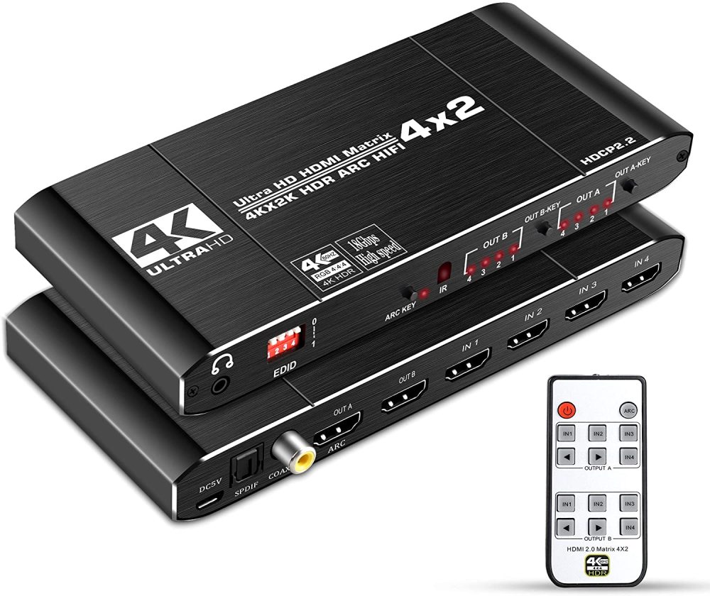 NEWCARE 4x2 HDMI Matrix Switch Splitter, 4K@60Hz 4:4:4 HDMI 2.0 Switcher 4 in 2 Out with IR Remote Controller Supports HDCP 2.2 18Gbps,Ultra HD 4K x 2