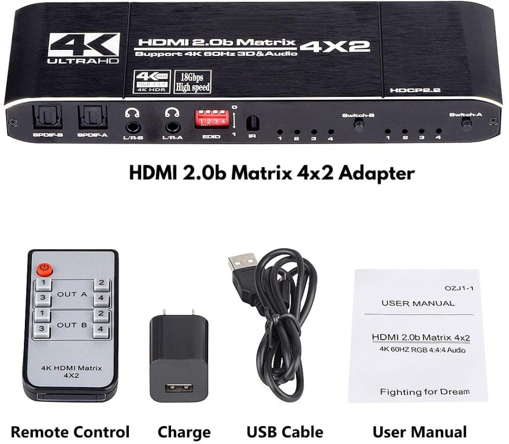 HDMI Matrix 4x2, 4K HDMI Matrix Switch 4 in 2 Out Switcher Splitter Box with EDID Extractor and IR Remote Control, Support Ultra 4K HDR,4Kx2K@60Hz, 3D