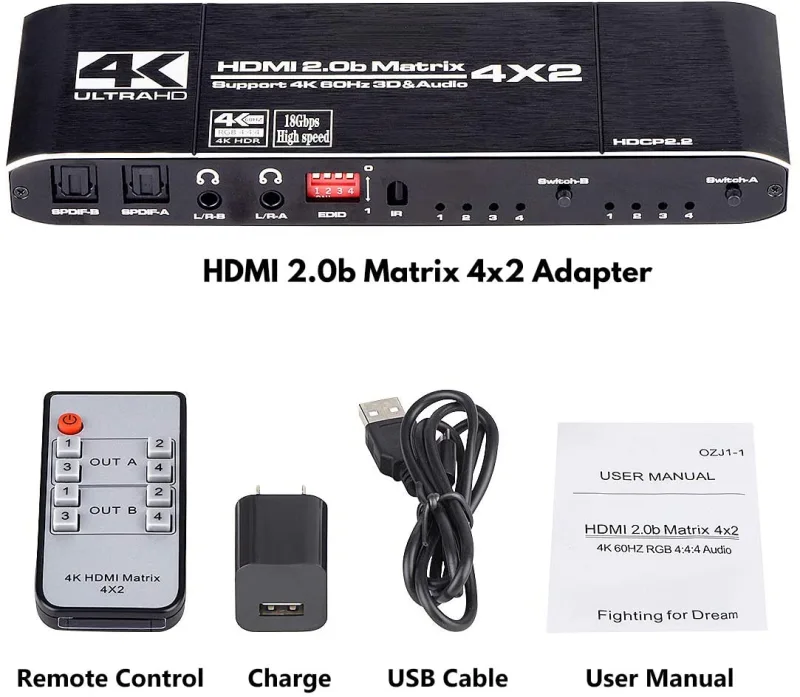 HDMI Matrix 4x2, 4K HDMI Matrix Switch 4 in 2 Out Switcher Splitter Box with EDID Extractor and IR Remote Control, Support Ultra 4K HDR,4Kx2K@60Hz, 3D