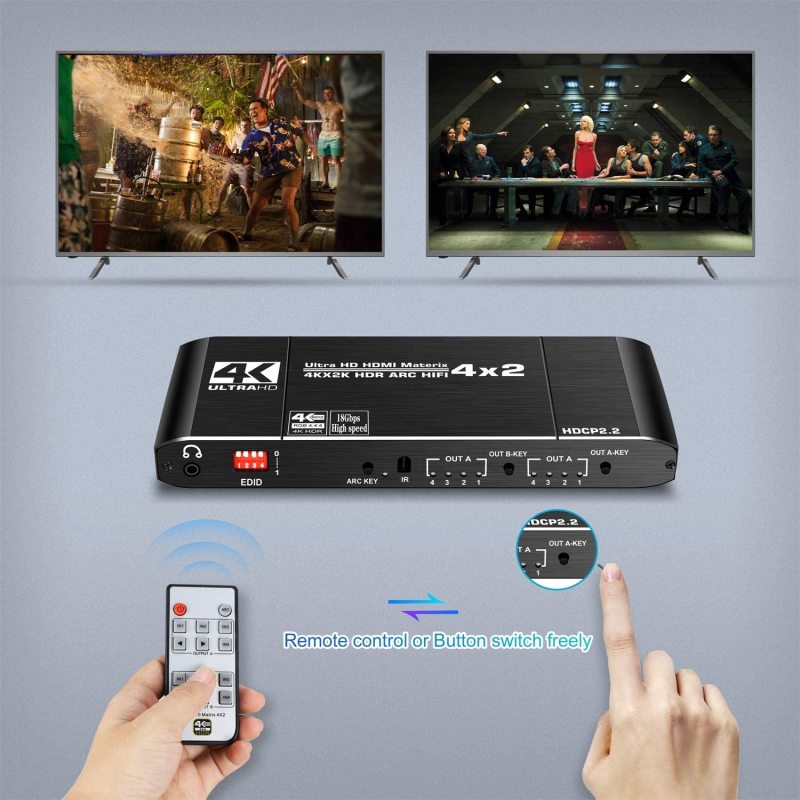 NEWCARE 4x2 HDMI Matrix Switch Splitter, 4K@60Hz 4:4:4 HDMI 2.0 Switcher 4 in 2 Out with IR Remote Controller Supports HDCP 2.2 18Gbps,Ultra HD 4K x 2