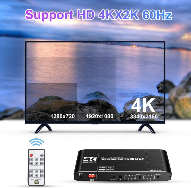 NEWCARE 4x2 HDMI Matrix Switch Splitter, 4K@60Hz 4:4:4 HDMI 2.0 Switcher 4 in 2 Out with IR Remote Controller Supports HDCP 2.2 18Gbps,Ultra HD 4K x 2