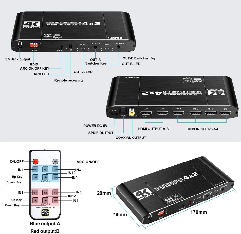 NEWCARE 4x2 HDMI Matrix Switch Splitter, 4K@60Hz 4:4:4 HDMI 2.0 Switcher 4 in 2 Out with IR Remote Controller Supports HDCP 2.2 18Gbps,Ultra HD 4K x 2