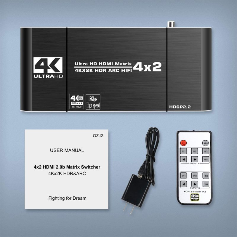 NEWCARE 4x2 HDMI Matrix Switch Splitter, 4K@60Hz 4:4:4 HDMI 2.0 Switcher 4 in 2 Out with IR Remote Controller Supports HDCP 2.2 18Gbps,Ultra HD 4K x 2