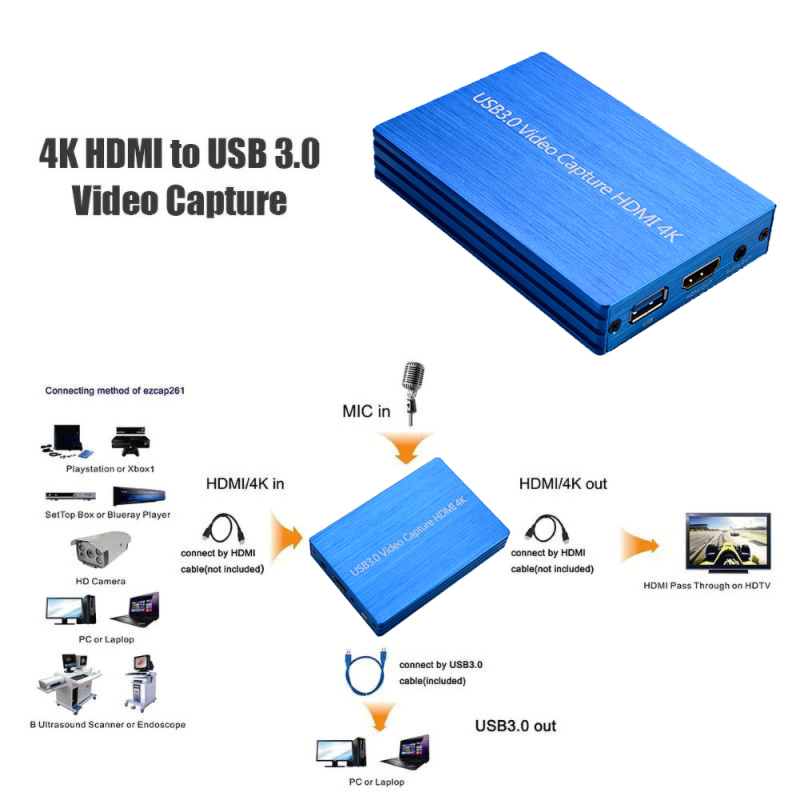 Blue capture  4K@60Hz HD USB3.0 HDMI Video Capture 1080P HDMI to USB Video Capture Card Dongle Game Streaming Live Streaming HDMI Capture Card