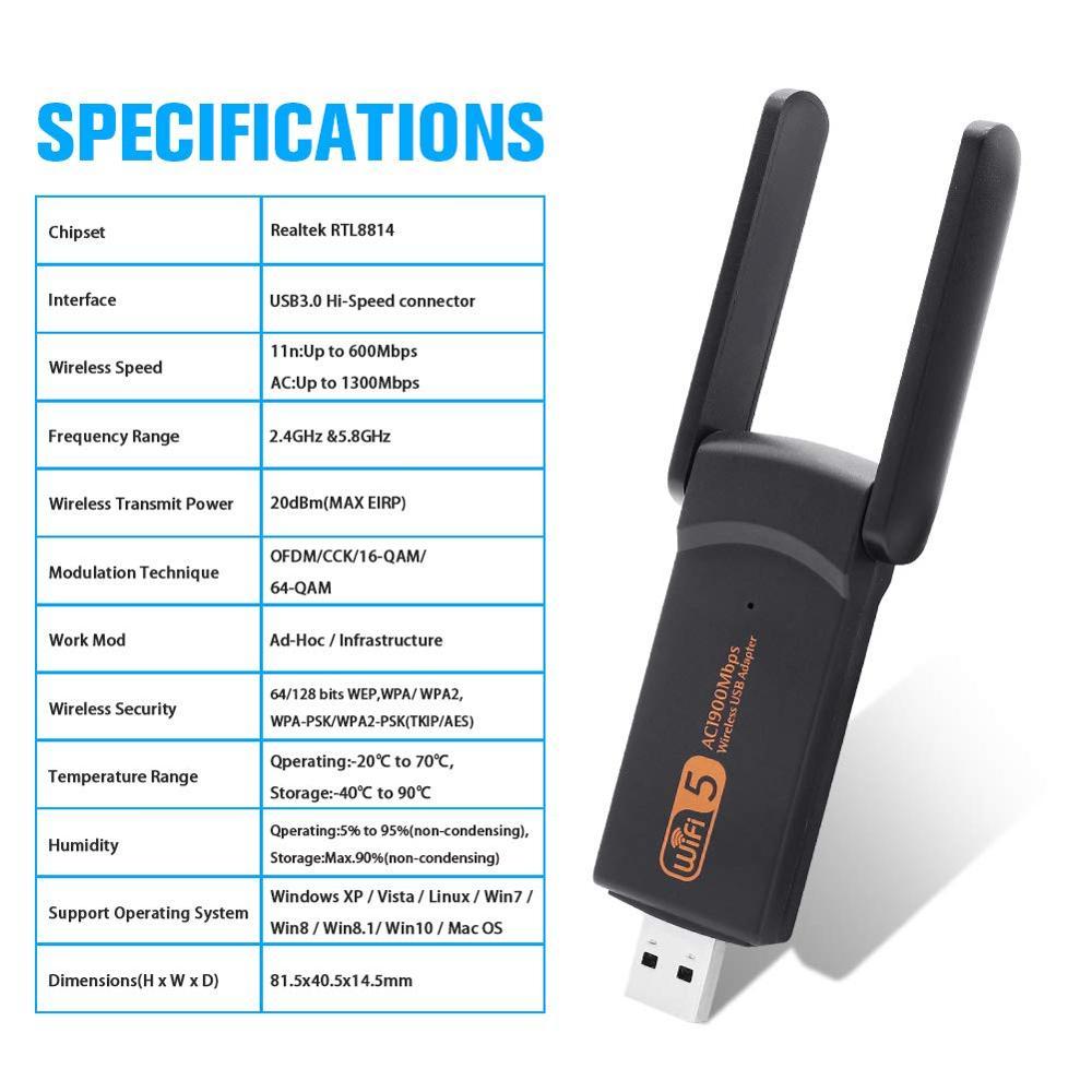 USB3.0 Wifi Adapter 1900Mbps Dual Band  2.4Ghz + 5.8Ghz Wi-fi Dongle Computer 802.11AC Network Card USB 2 Antennas Hi-Speed
