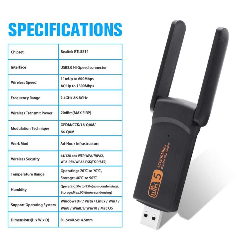 USB3.0 Wifi Adapter 1900Mbps Dual Band  2.4Ghz + 5.8Ghz Wi-fi Dongle Computer 802.11AC Network Card USB 2 Antennas Hi-Speed