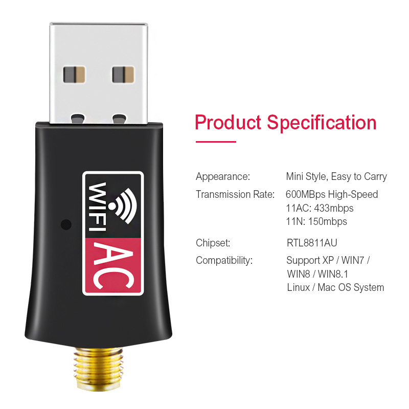 600Mbps USB wireless wifi Adapter 2.4GHz 5GHz WiFi with Antenna Dual Band PC Mini Computer Network Card Receiver 802.11b/n/g/ac