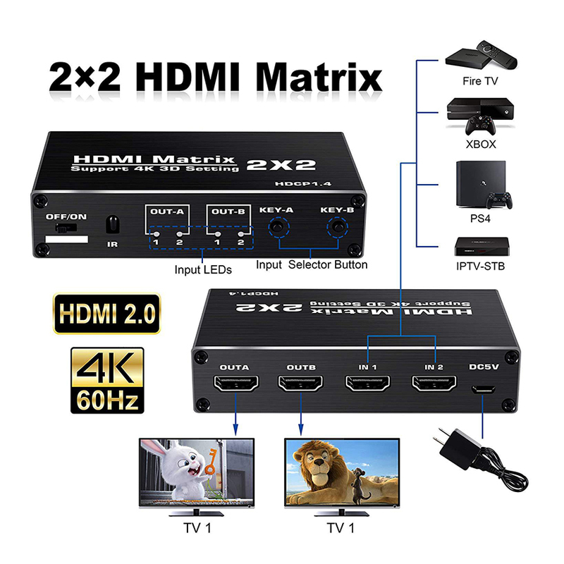 KuWFi HDMI Matrix 2x2 HD Support 4K 3D Setting Splitter Switch HDCP1.4