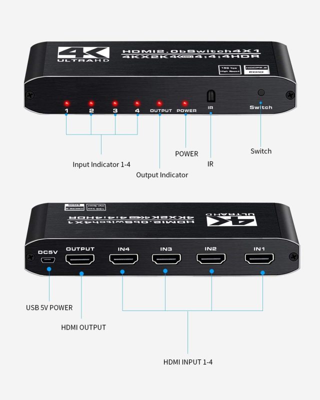 4k HDR HDMI Switch 4 Ports HDMI 2.0 Switcher Selector with IR Remote Control, Supports HDCP 2.2 for PS4 Xbox Apple TV Fire Stick