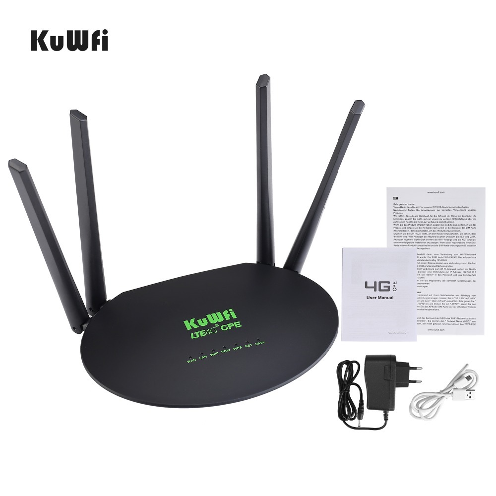 KuWfi 4G LTE Router 300Mbps Wireless CPE 3G/4G LTE Wifi Router with Sim Card Slot Wan/Lan Port 4 External Antennas