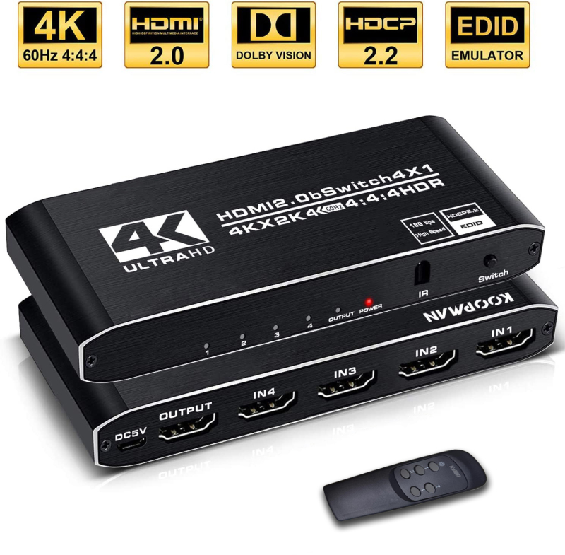 4k HDR HDMI Switch 4 Ports HDMI 2.0 Switcher Selector with IR Remote Control, Supports HDCP 2.2 for PS4 Xbox Apple TV Fire Stick