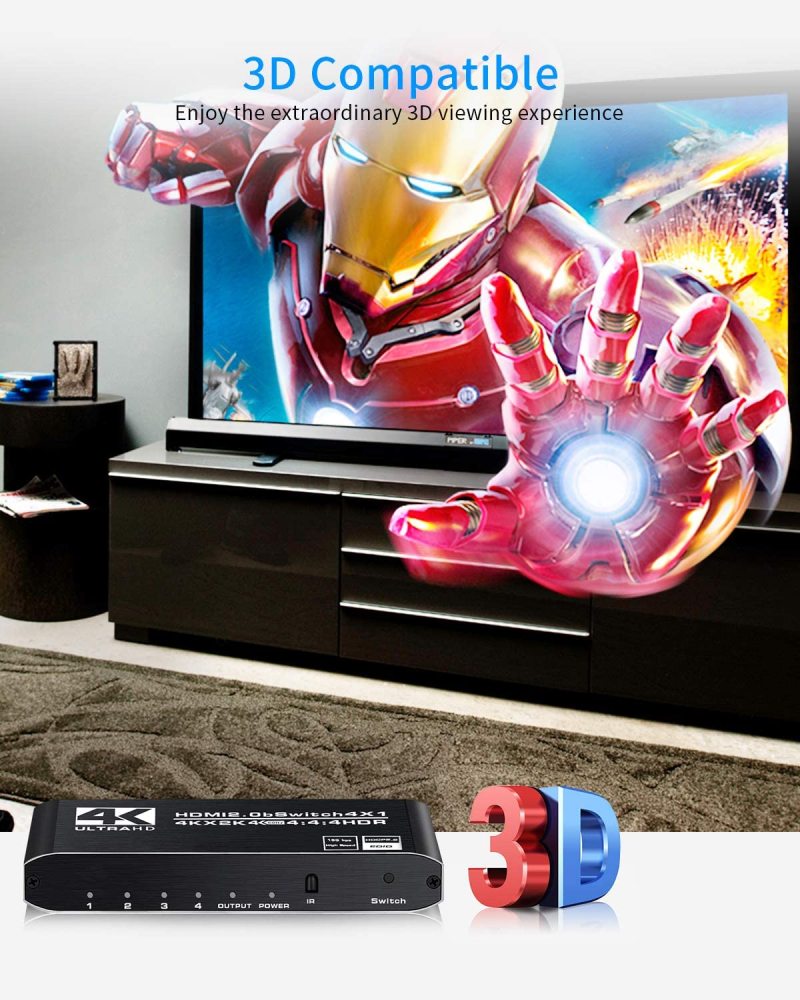 4k HDR HDMI Switch 4 Ports HDMI 2.0 Switcher Selector with IR Remote Control, Supports HDCP 2.2 for PS4 Xbox Apple TV Fire Stick