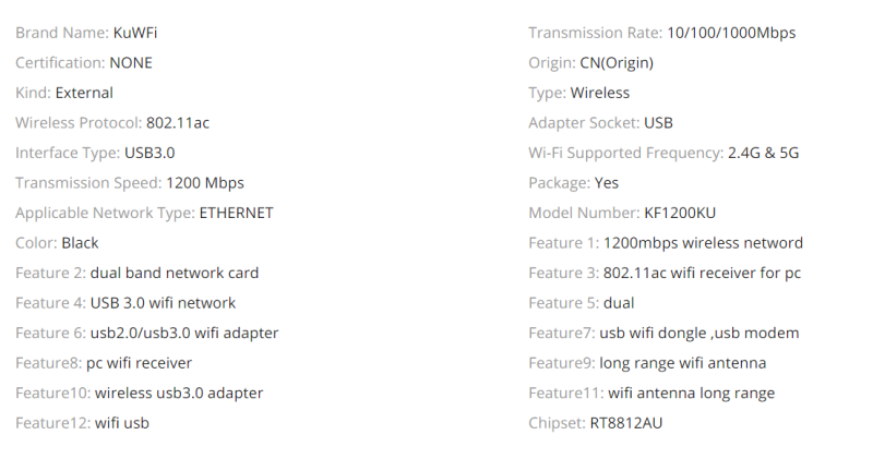 KuWfi 1200Mbps Wireless USB Network Card USB3.0 Dual Band 2.4G&amp;5.8G Wifi Receiver&amp;Wireless Adapter for PC With 2Pcs Antennas