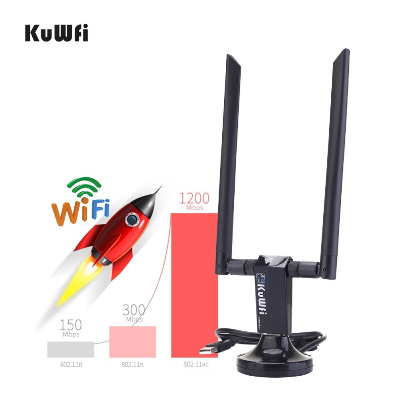 KuWfi 1200Mbps Wireless USB Network Card USB3.0 Dual Band 2.4G&amp;5.8G Wifi Receiver&amp;Wireless Adapter for PC With 2Pcs Antennas