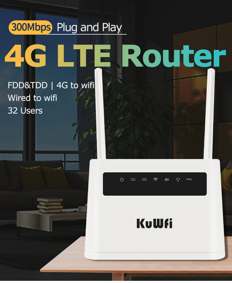 KuWFi 4G Router Unlocked 4G SIM Card Wifi Router CAT4 150Mbps Built-in Battery Wireless CPE Support 32 Users&RJ45 Lan Ports