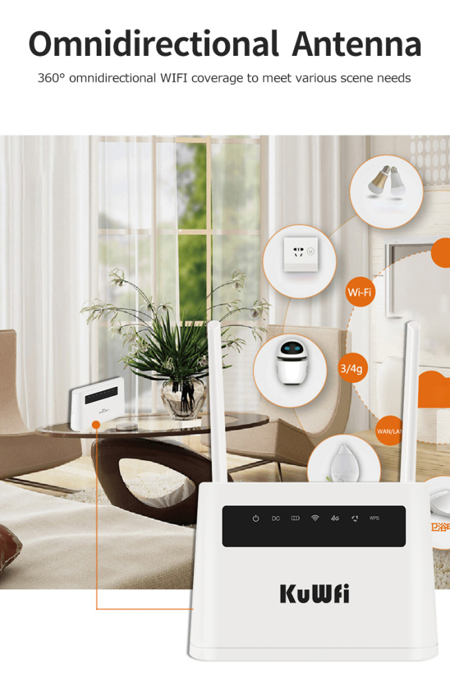 KuWFi 4G Router Unlocked 4G SIM Card Wifi Router CAT4 150Mbps Built-in Battery Wireless CPE Support 32 Users&RJ45 Lan Ports