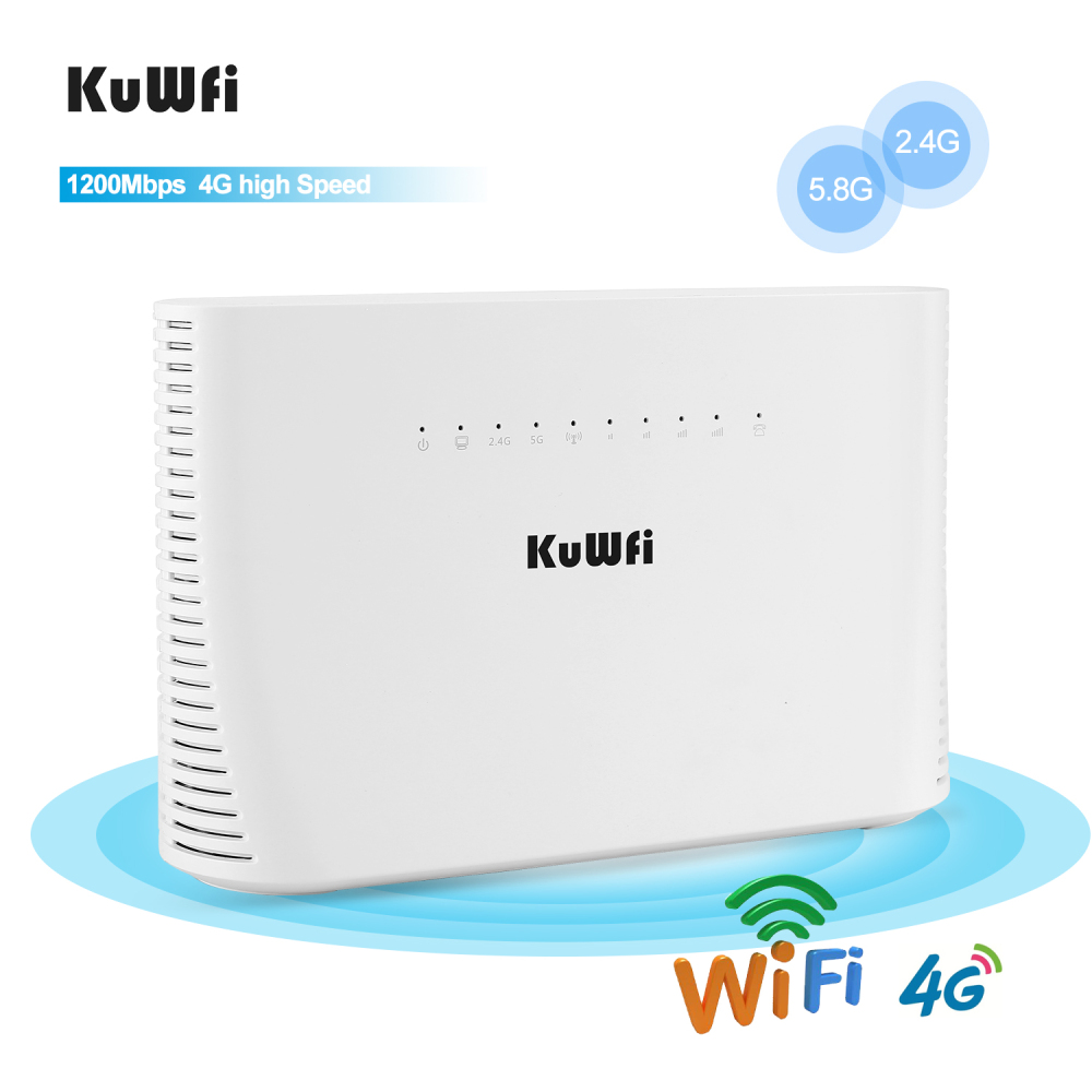 KuWFi 4G LTE Router 1200Mbps 2.4G/5G Wireless Home Office WiFi Router Unlocked TDD/FDD with RJ45 up to 64 Wifi Users