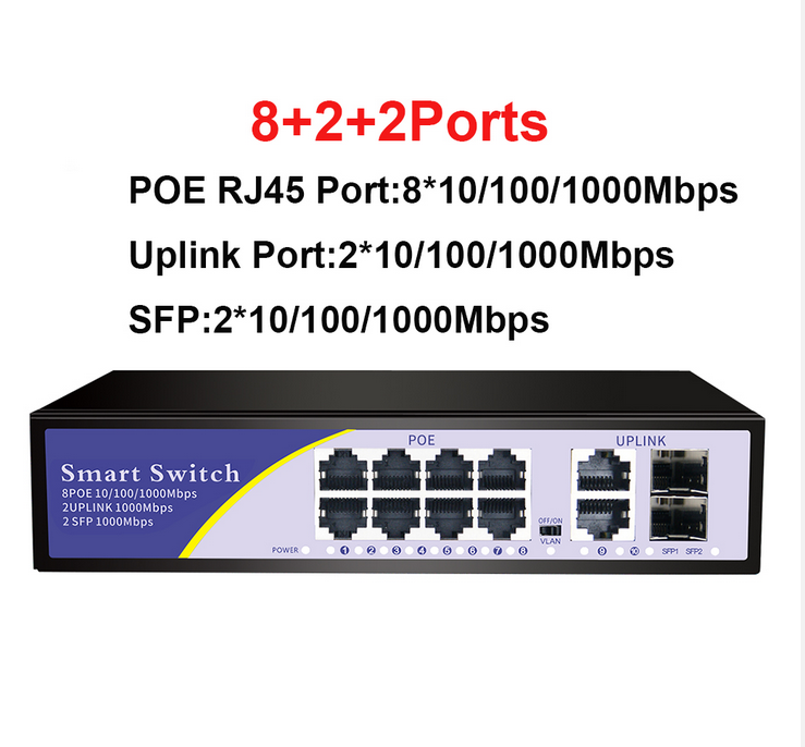 10 Ports POE Gigabit Switch 48V VLAN 10/100/1000Mbps 8 POE 1000M Port+2Uplink Port Network Switch for CCTV IP Camera Wireless AP