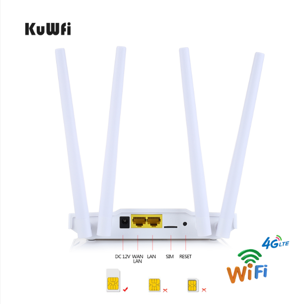 KuWFi 4G LTE ROUTER 300Mbps Wireless WIFI Router With Sim Card Unlocked 4Pcs Antenna With LAN Port Support 32 Wifi Users