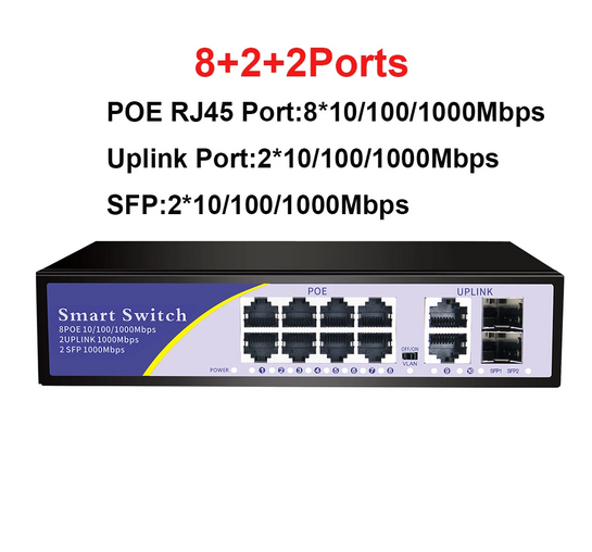 10 Ports POE Gigabit Switch 48V VLAN 10/100/1000Mbps 8 POE 1000M Port+2Uplink Port Network Switch for CCTV IP Camera Wireless AP