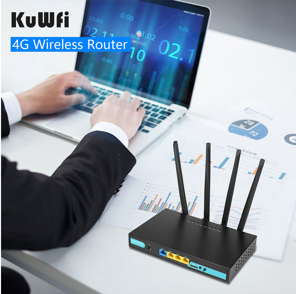 KuWFi 4G LTE Wifi Router 3G/4G SIM Card Router CAT4 150Mbps Industrial Wireless CPE 32 Wi-fi Users RJ45 External 4pcs Antennas