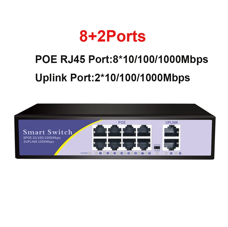 10 Ports POE Gigabit Switch 48V VLAN 10/100/1000Mbps 8 POE 1000M Port+2Uplink Port Network Switch for CCTV IP Camera Wireless AP