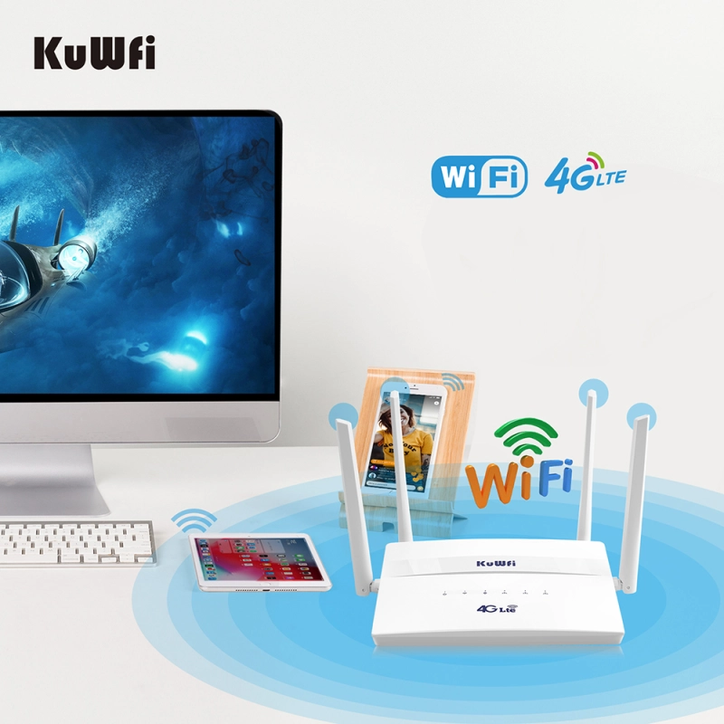 KuWFi 4G LTE CPE WiFi Router 300Mbps Wireless Router Wide Coverage with 4 High-gain External Antennas SIM Slot Up to 32 Users