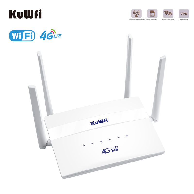 KuWFi 4G LTE CPE WiFi Router 300Mbps Wireless Router Wide Coverage with 4 High-gain External Antennas SIM Slot Up to 32 Users