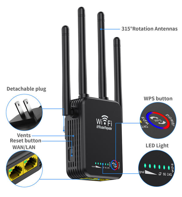 Repetidor de sinal wi-fi, 1200mbps, 300mbps, extensor de longo alcance, amplificador de sinal 2.4g, 5 ghz Repetidor de sinal wi-fi, 1200mbps, 300mbps,