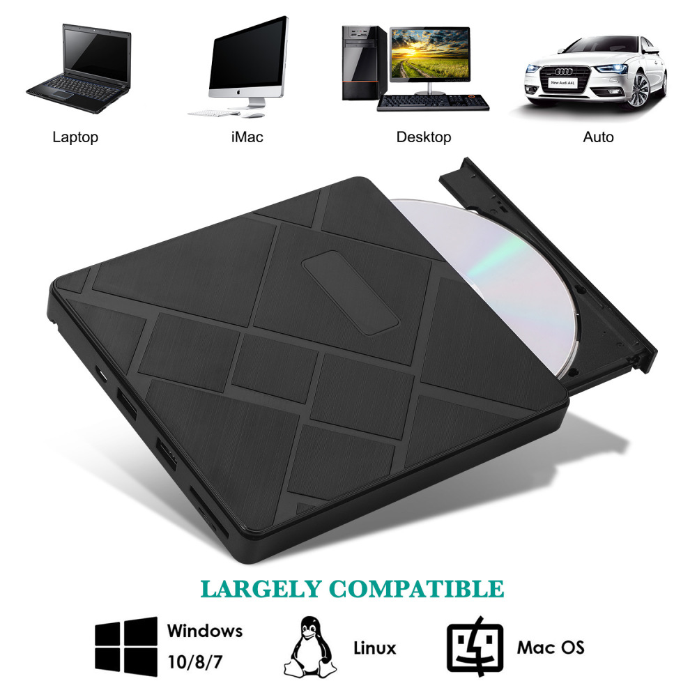 Kuwfi usb3.0 + type-c dvd burner dvd rw cd writer external optical drive tf/sd card reader for mac laptop windows