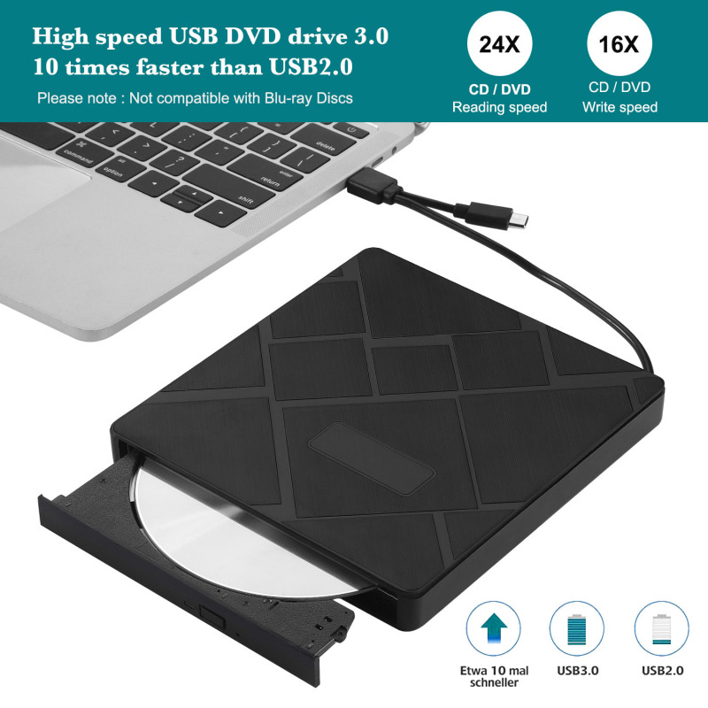 Kuwfi usb3.0 + type-c dvd burner dvd rw cd writer external optical drive tf/sd card reader for mac laptop windows