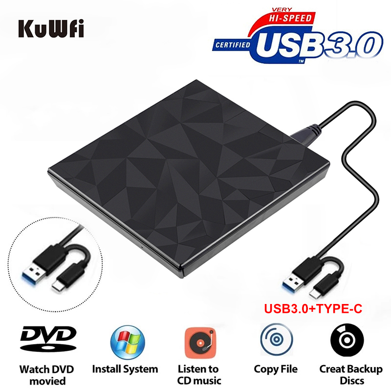 Kuwfi usb3.0 & type c dvd drive cd burner high speed-free read-write driver external burner DVD-RW reader writer
