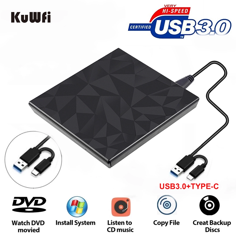 Kuwfi usb3.0 &amp; type c dvd drive cd burner high speed-free read-write driver external burner DVD-RW reader writer