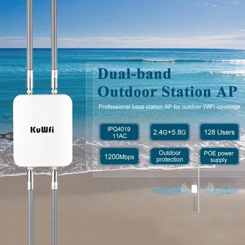 KuWFi Outdoor Router, 1200Mbps High Performance Outdoor CPE/AP Waterproof Outdoor Base Station Access Point with 4 * 8dBi Panel Antenn