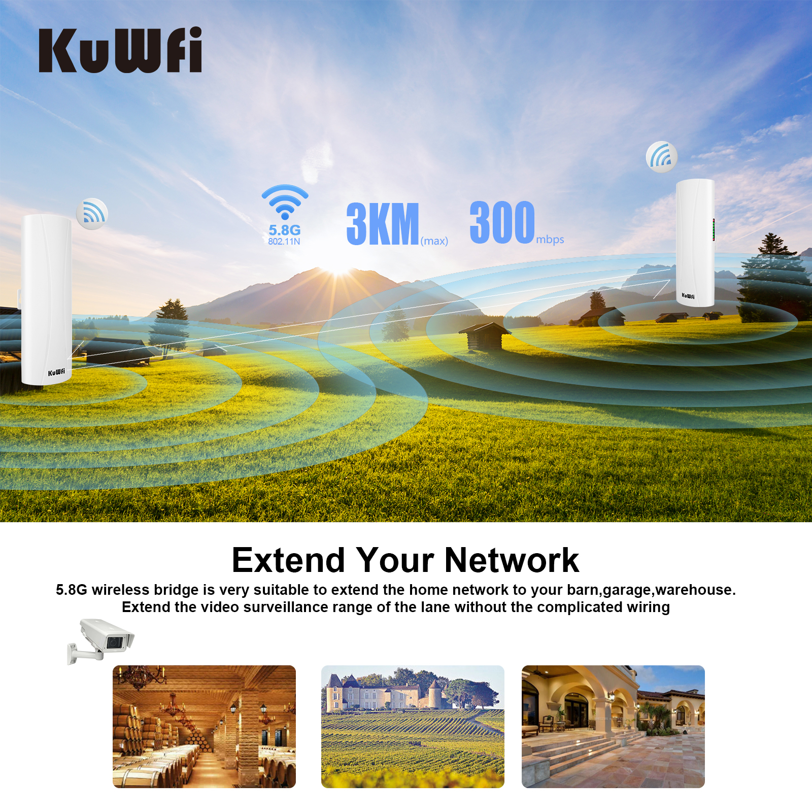 KuWFi Wireless Bridge Router Outdoor 5.8G 3KM Long Range Wifi Repeater 300Mbp Wireless Access Point 14dBi Wifi Signal Amplifier