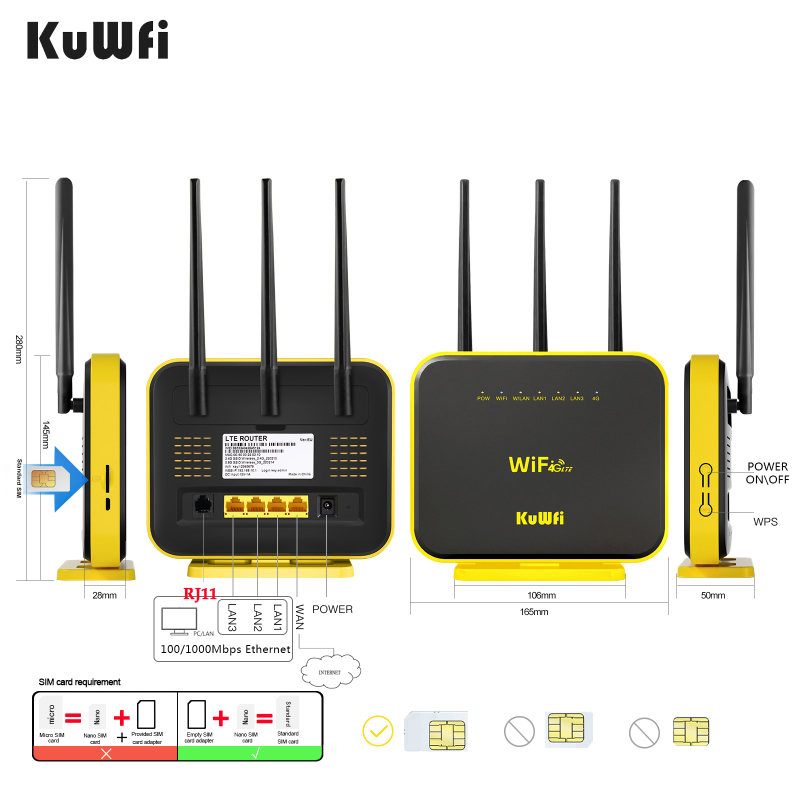 KuWFi Gigabit Wireless Router 4G LTE Wifi Router 1200Mbps LTE Router Dual Band Gigabit cellular Router with External Antenna 64 User