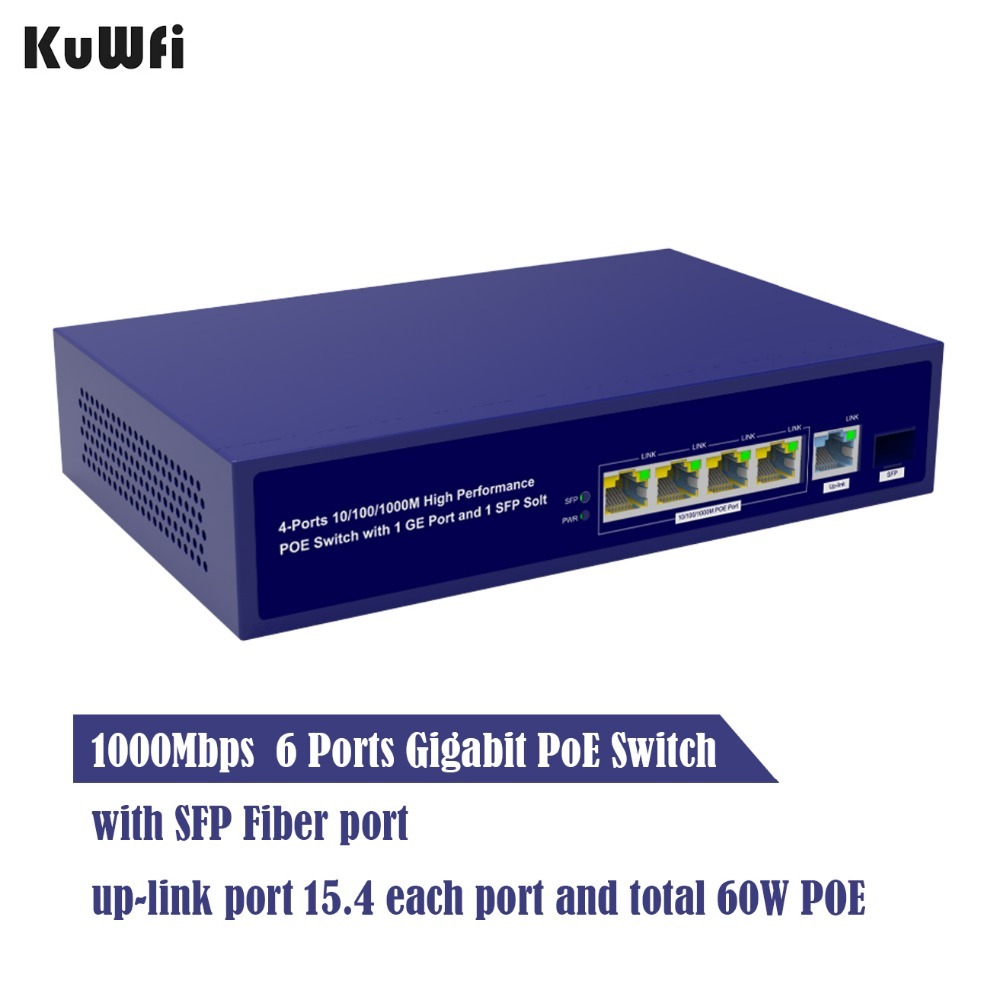 6 Ports Gigabit PoE Switch 1000mbps Ethernet Switches for Network Cameras & AP 30w Wireless Switch with Gigabit SFP Fiber
