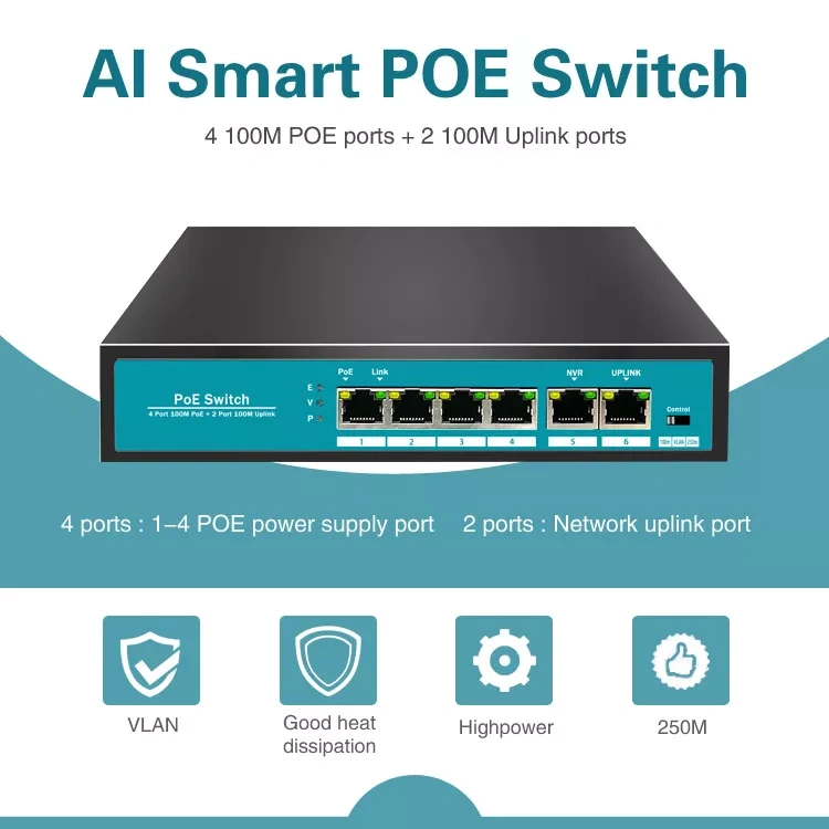 Kuwfi 6 ports 100mbps network switch 48v fast ethernet poe switch with 4 poe ports + 1 nvr uplink for ap/ip cameras