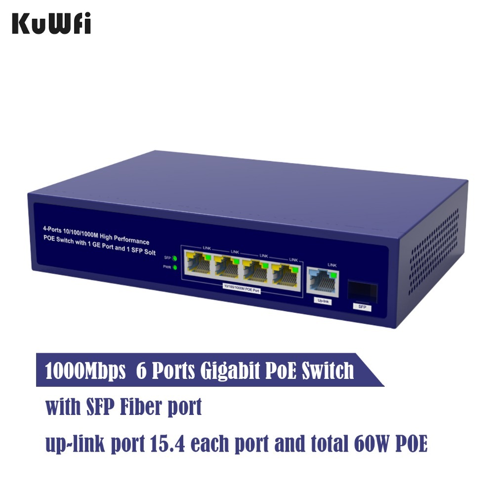 6 Ports Gigabit PoE Switch 1000mbps Ethernet Switches for Network Cameras & AP 30w Wireless Switch with Gigabit SFP Fiber