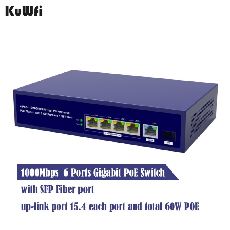 6 Ports Gigabit PoE Switch 1000mbps Ethernet Switches for Network Cameras &amp; AP 30w Wireless Switch with Gigabit SFP Fiber