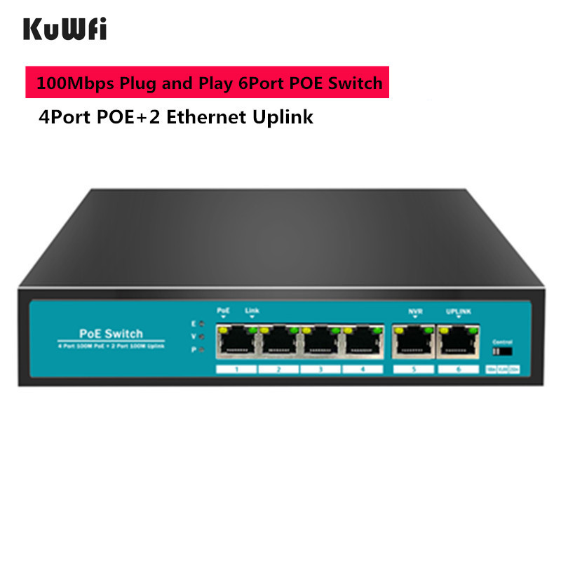 Kuwfi 6 ports 100mbps network switch 48v fast ethernet poe switch with 4 poe ports + 1 nvr uplink for ap/ip cameras