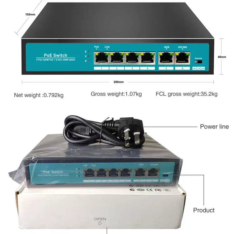 Kuwfi 6 ports 100mbps network switch 48v fast ethernet poe switch with 4 poe ports + 1 nvr uplink for ap/ip cameras