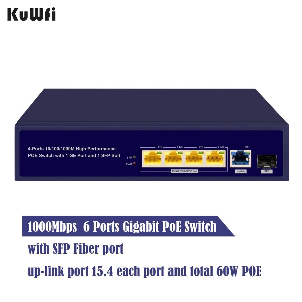 6 Ports Gigabit PoE Switch 1000mbps Ethernet Switches for Network Cameras & AP 30w Wireless Switch with Gigabit SFP Fiber