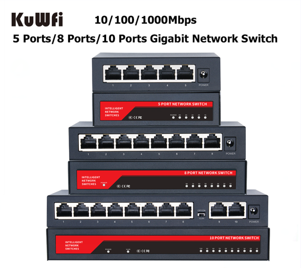 KuWFi 5 Port 8 Ports 10 Ports Gigabit Network Switch 10/100/1000Mbps RJ45 LAN Hub Desktop Fast Ethernet Switch for Home Office